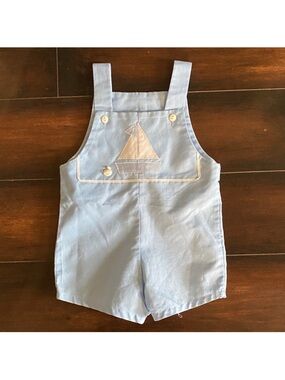 Vintage Light Blue Sailboat Appliqué Kids Overalls Romper